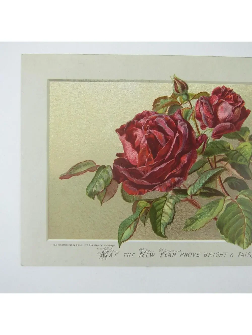 Victorian Greeting Card New Years Red Rose Flowers Hildesheimer Faulkner Antique